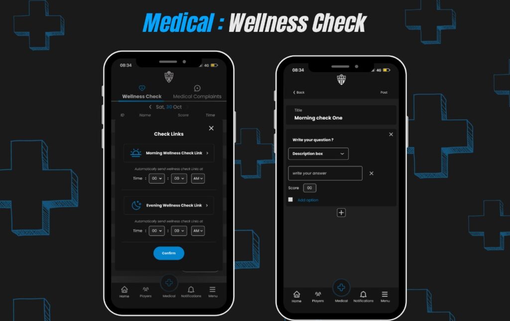 fully customized wellness check for tactec football club management team app by ventio